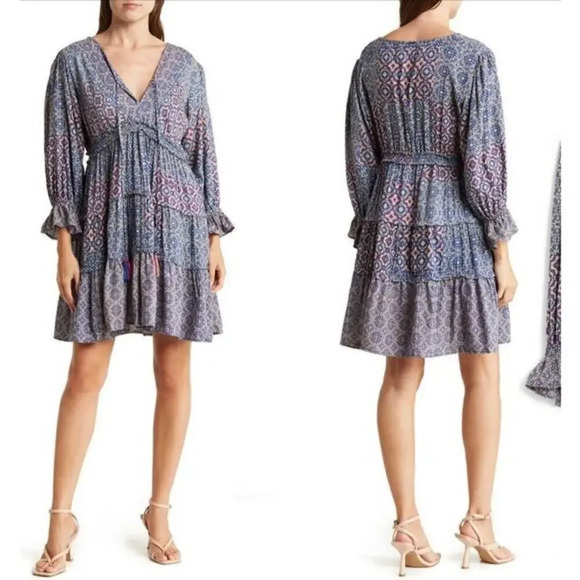 Angie Women's V-Neck Quarter Sleeves Tiered Mini Skirt Dress Size S - Picture 1 of 8